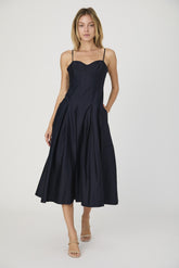 FRENCH CONNECTION COTTON SATEEN PLEATED MIDI DRESS